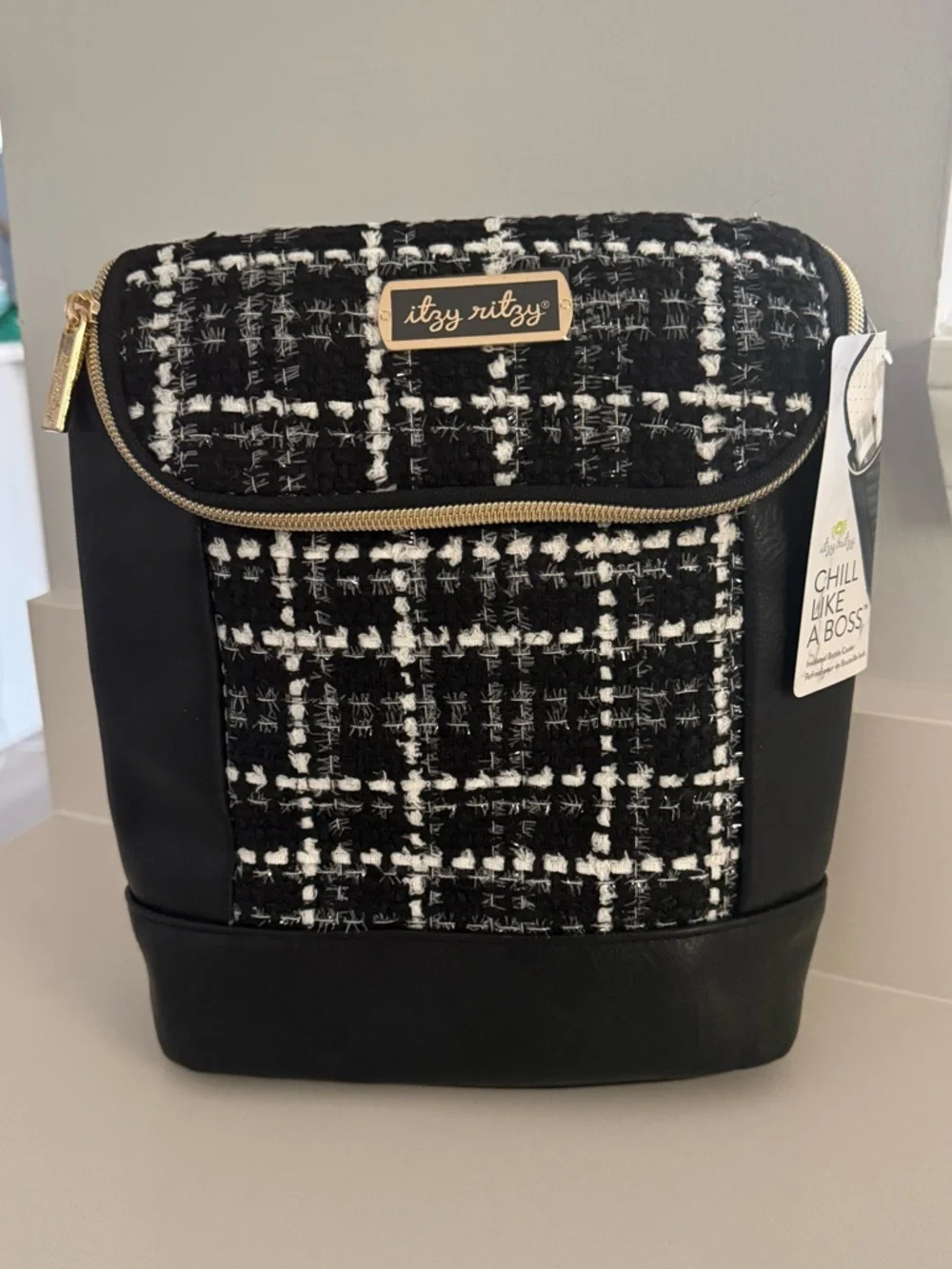 Itzy Ritzy Black & White Tweed Men’s Backpack with Gold Accents